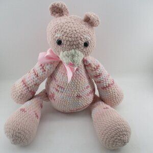 21" Pink and White Amigurumi Crochet Handmade Bear with Pink Bow.